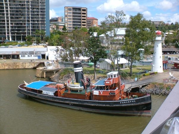 Forceful 
Forceful was a sea-going tugboat built for the Queensland Tug Company by Alexander Stephen & Sons in Govan, Scotland in 1925. During World War II she was commissioned into the Royal Australian Navy in early 1942 as HMAS Forceful (W126), based at Fremantle and Darwin, until returning to commercial service in October 1943.
Forceful was scrapped in 2023.
