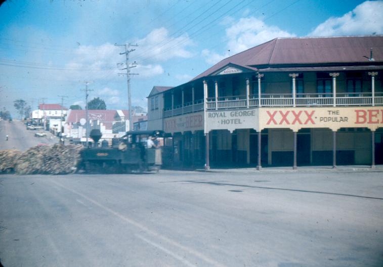 Nambour
Cane train crossing the old Bruce Highway at Nambour, 1954.
