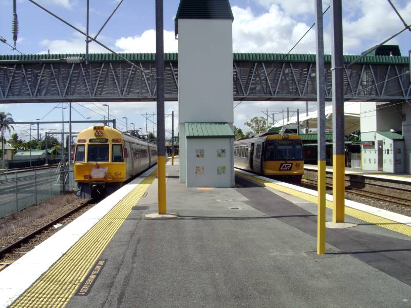 ICE and EMU
Caboolture ICE 154  Nambour service, UP EMU 48 for Ipswich 3rd November 2010
