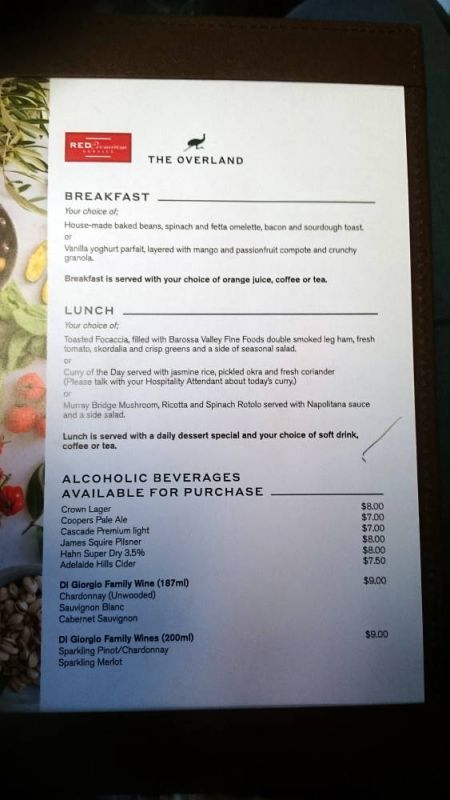 The Overland Menu
Menu for breakfast and lunch onboard The Overland
