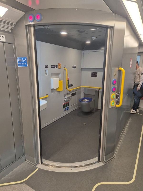 Toilets, 2 per six car set in cars 3 and 4.  Fully accessible.
