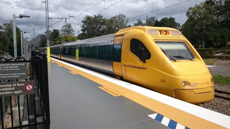 ETT
"City of Rockhampton" electric tilt train (ETT) hustles through Cooran 1st March 2019.   ETTs hold the Australian rail speed record at 210 km/h (130 mph). 
Gauge 3 ft 6 in (1,067 mm).
